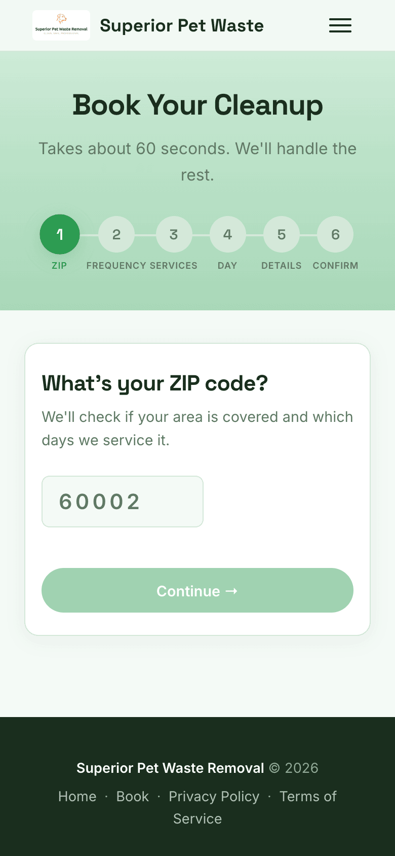 Book a service screen